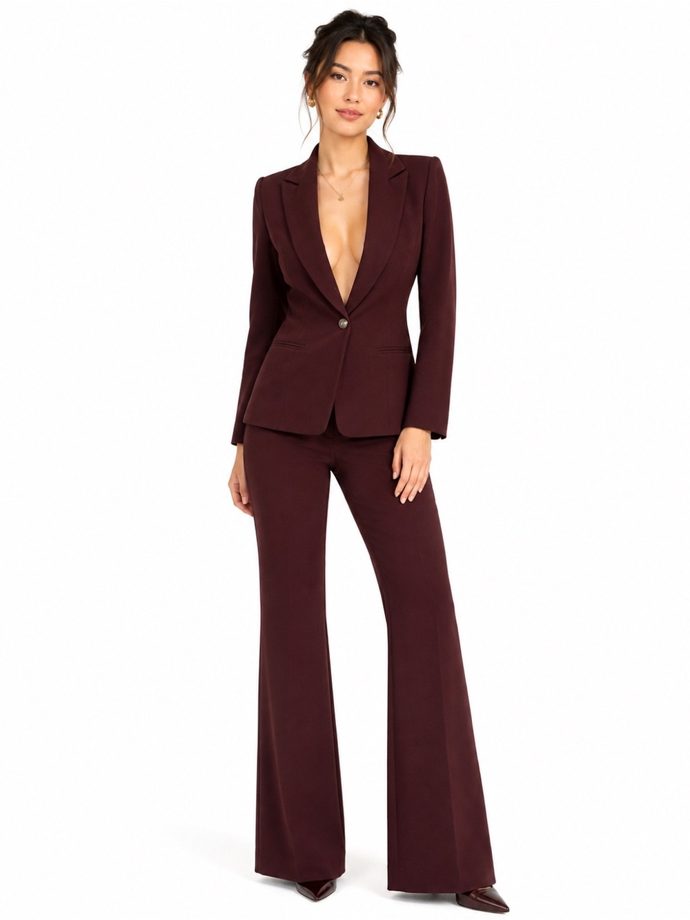White House Black Market Burgundy Suit Set 2P Blazer 0P Bootcut‎ Pants